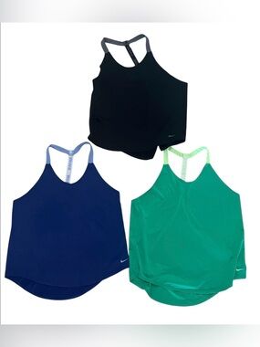 Set of 3 NIKE DRI-FIT Racerback Tanks Tees Thin Logo Straps Black, Blue & Green